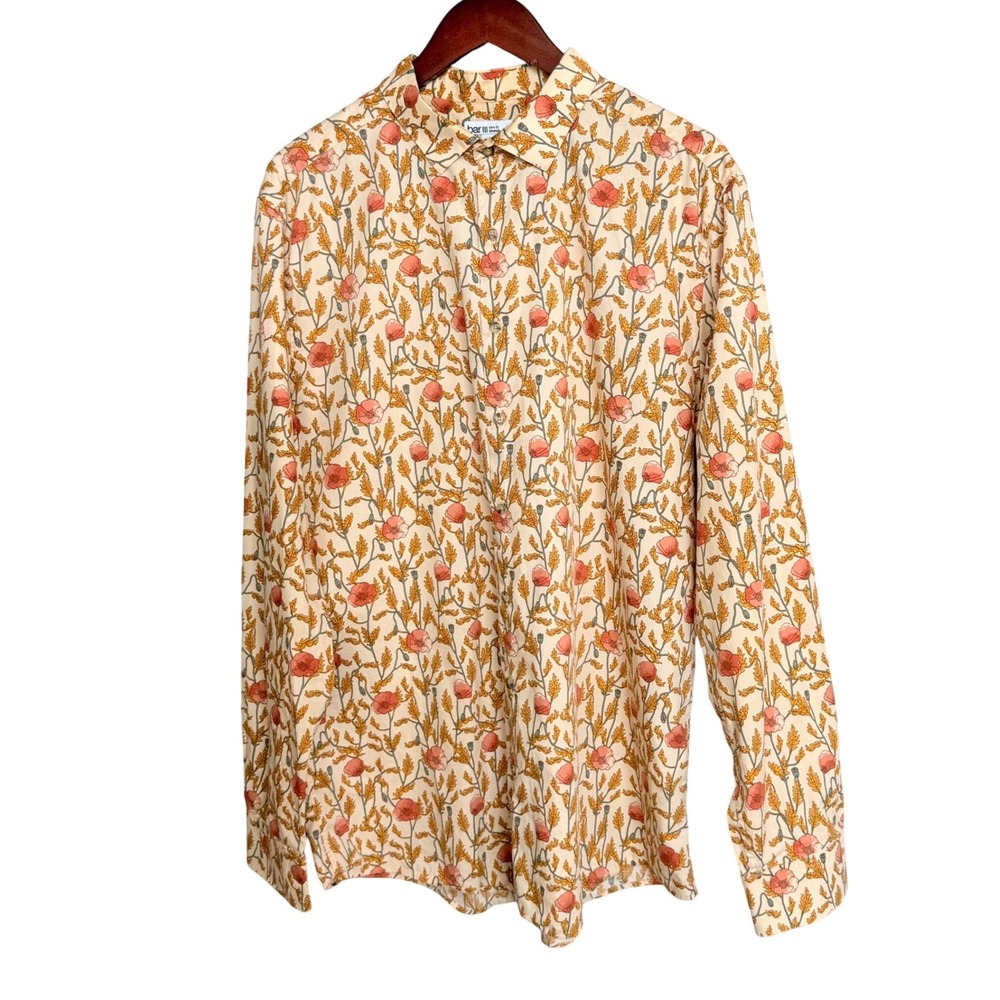 Bar III Mens XL Slim Fit Stretch Floral Poppy Button Down Shirt Cream Orange